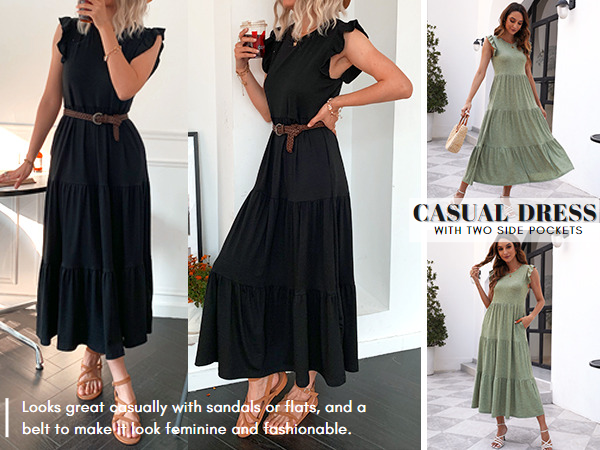 summer casual loose maxi dress 2023 sleeveless ruffle sleeve