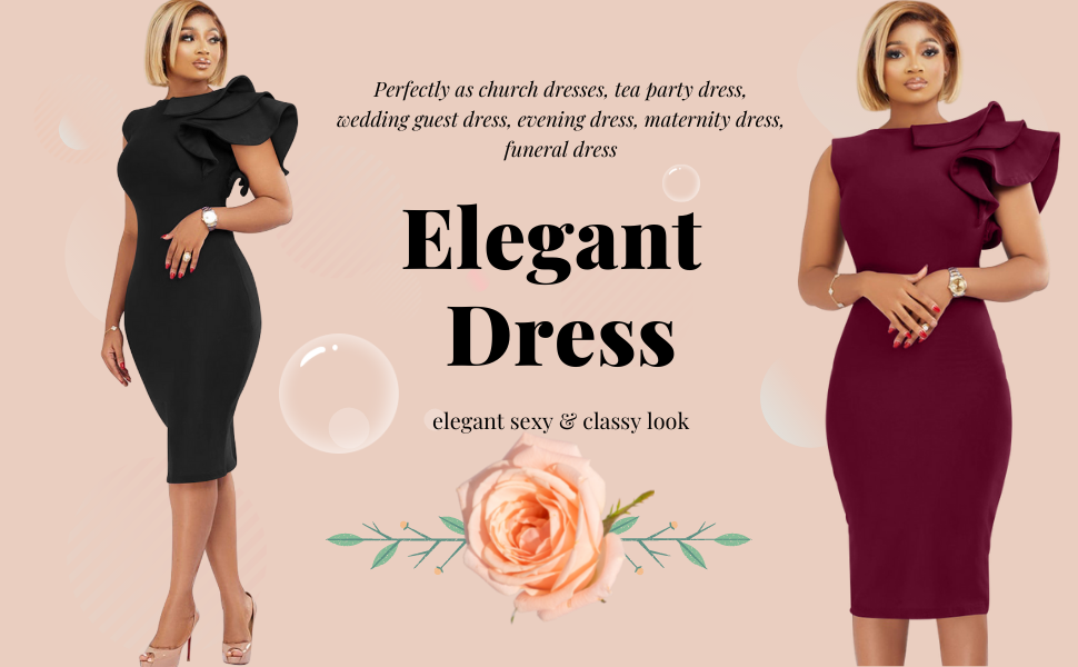 Elegant Formal Bodycon Ruffle Sleeveless Midi Cocktail Party Dress