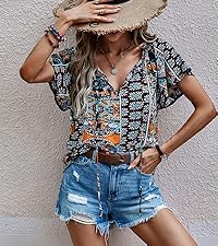 Angashion Women Summer v neck boho Floral Printed Tops