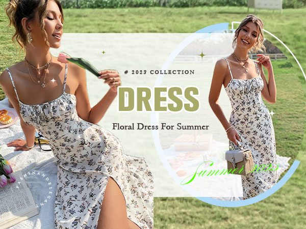 Floerns Women''s Summer Split Thigh Spaghetti Strap Cami Midi Floral Dress