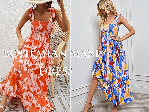 Women''s Boho Spaghetti Strap Square Neck Ruffle Casual Flowy Long Dress Beach Swing Party Maxi Dress