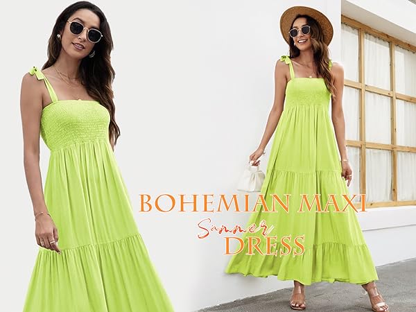 Women Dresses 2024 Summer Floral Sleeveless Maxi Dress Casual Spaghetti Strap Tiered FlowyDress