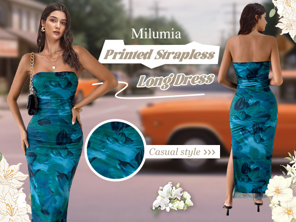 Milumia Women''s Printed Strapless Tube Top Long Dress Slit Hem Sleeveless Bodycon Maxi Dresses