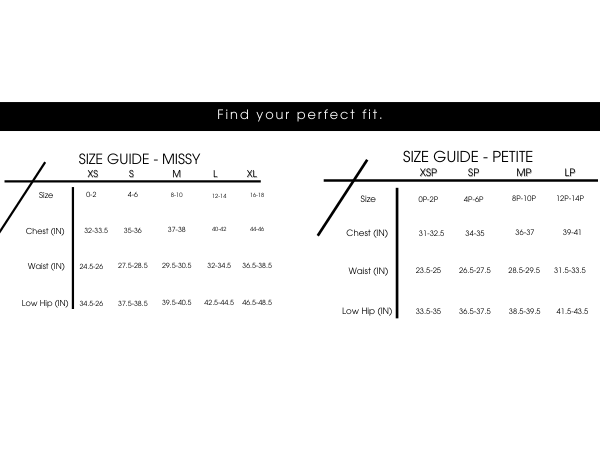 Missy and Petite size guide