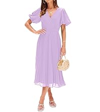 Puff Sleeve Wrap V Neck Pleated Flowy Midi Dress