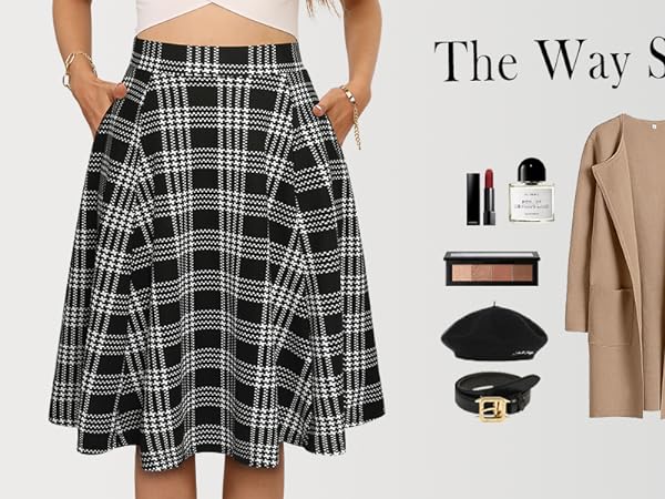 black and white plaid skirt for women with pockets