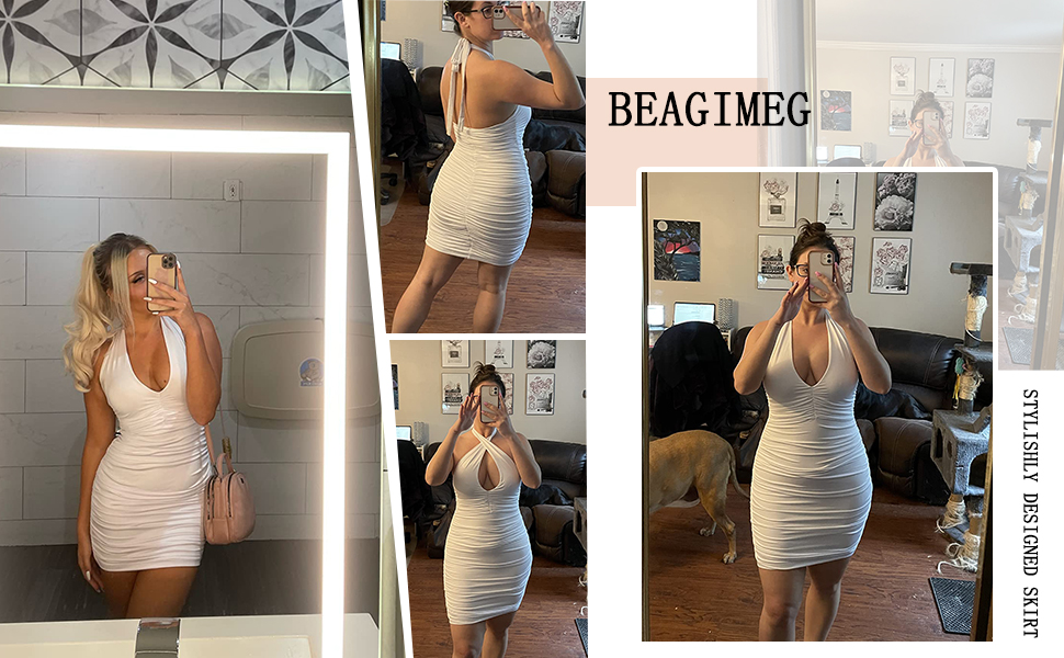 BEAGIMEG Women''s Criss Cross Sexy Bodycon Ruched Halter Mini Party Club Dress