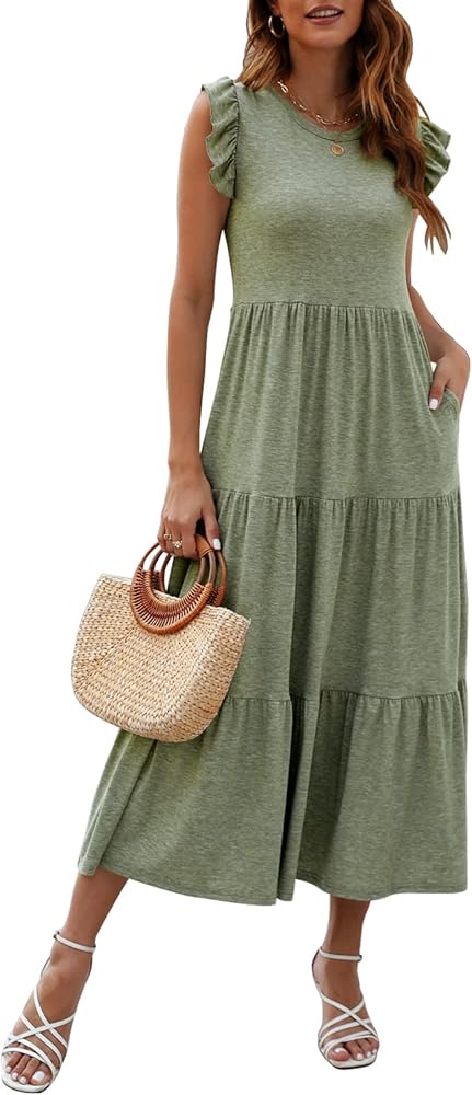 Women's Summer Sleeveless Maxi Dress Ruffle Sleeve Crewneck Tiered Flowy Pleated Casual A Line Sundress with Pockets