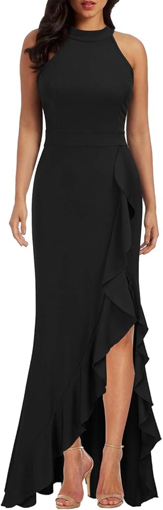 WOOSEA Women's High Neck Split Bodycon Mermaid Evening Cocktail Long Dress