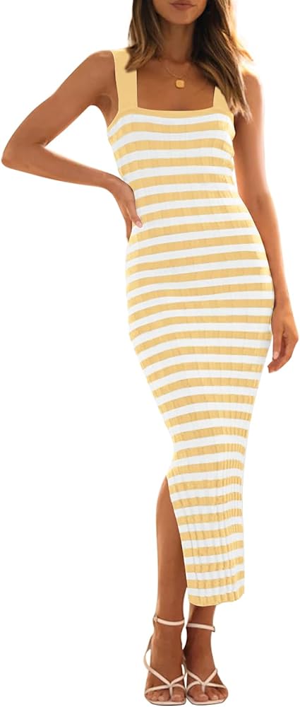 MEROKEETY Women's 2024 Summer Striped Knit Bodycon Midi Dress Square Neck Side Slit Tank Ribbed Sweater Dresses