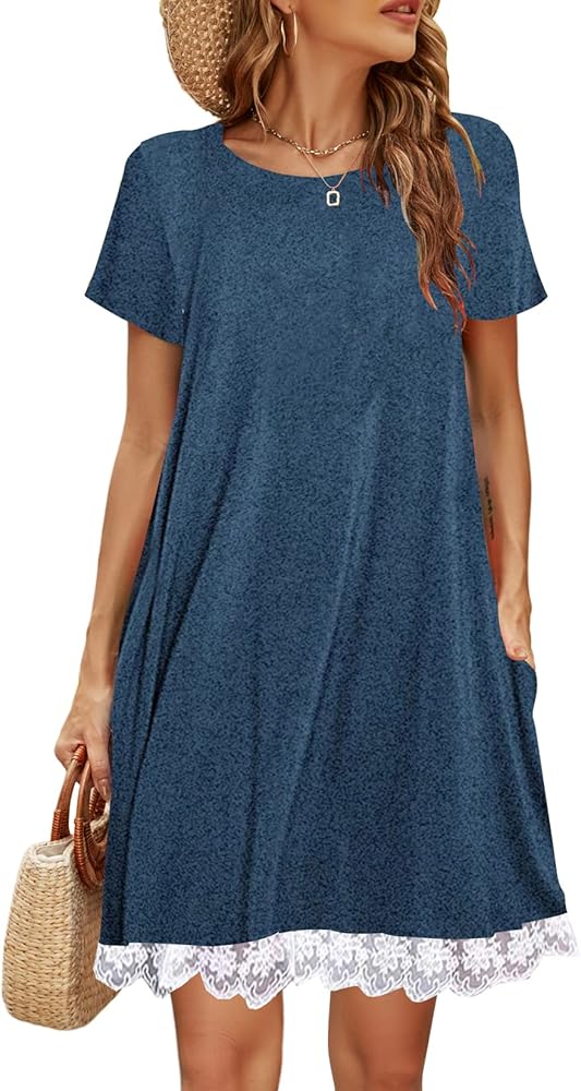 Halife Womens Summer Casual Tshirt Dress Loose Lace Hem Short Sleeve Beach Sundresses with Pockets