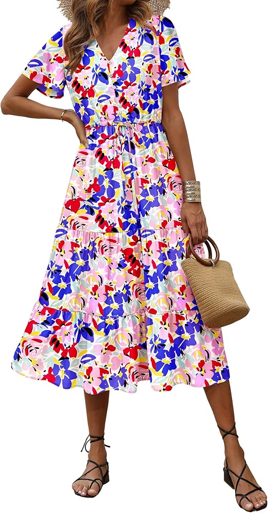 PRETTYGARDEN Women's Floral Boho Dress Casual Short Sleeve V Neck Ruffle Tiered 2024 Summer Swing Maxi Dresses