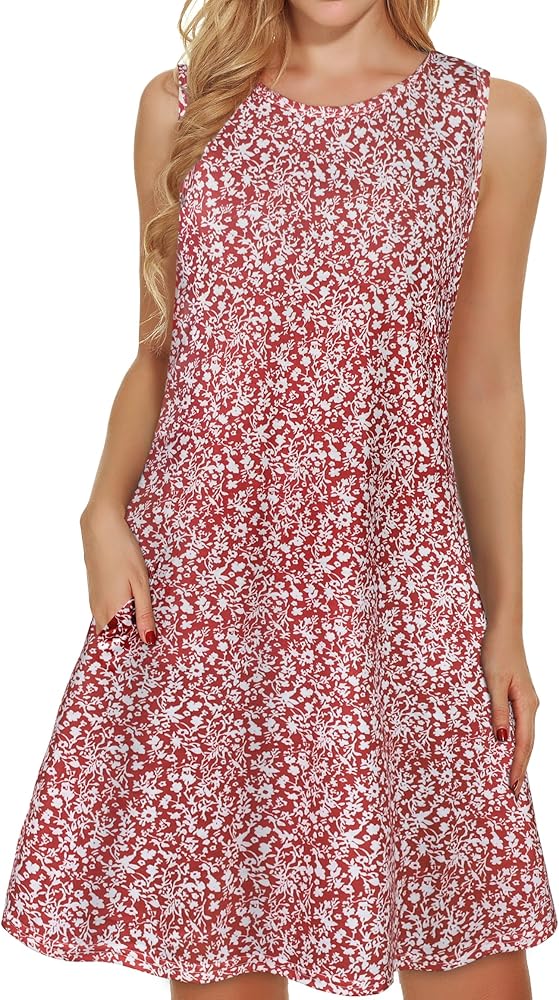 elescat Summer Dresses for Women 2024 Casual Beach Sleeveless Floral Print Tank Loose Sundress with Pocket