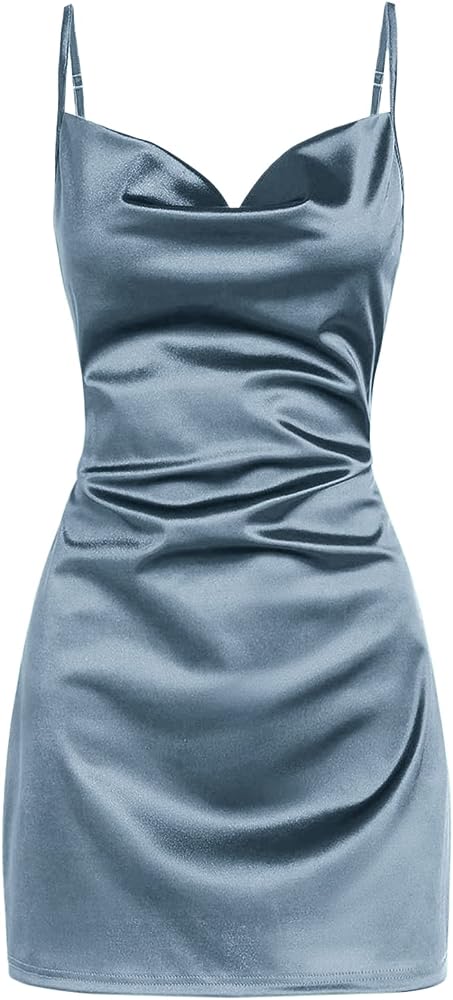 ZAFUL Women's Satin Sleeveless Spaghetti Strap Mini Dress Sexy Slip Cowl Neck Silky Cocktail Party Dresses