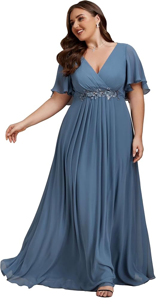 Ever-Pretty Women's Chiffon V Neck Short Sleeves Appliques Plus Size Dresses for Curvy Women Formal Dresses 01960-DA