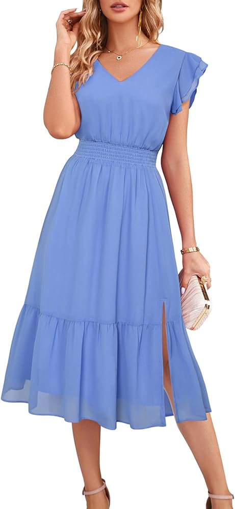 GRACE KARIN Women's V Neck Ruffle Sleeve Summer Dress 2024 Split Flowy Tiered Midi Dress Wedding Guest Cocktail Dresses