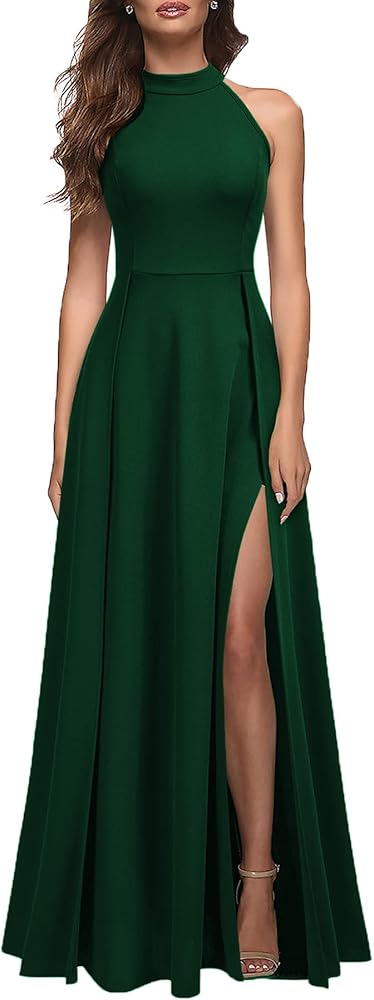 MUSHARE Women's Halter Neck Sexy Split Cocktail Party Maxi Long Formal Dress