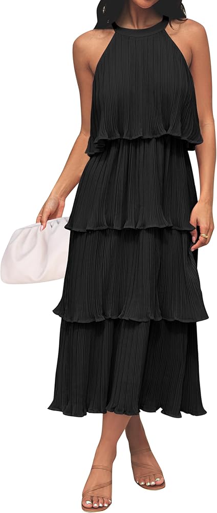 ZESICA Women's 2024 Summer Sleeveless Halter Neck Ruffle Tiered Layed Chiffon Flowy Swing Long Midi Dress