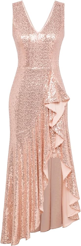 GRACE KARIN Womens Sequin Dress Sleeveless Cockatil Dress High Low Hem Wedding Party Ruffle Maxi Dress Evening Gown