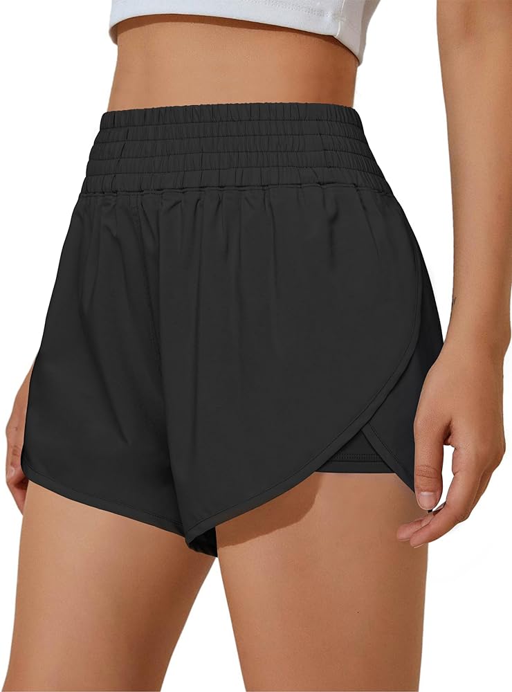 BMJL Womens Running Shorts High Waisted Side Pocket Athletic Shorts High Side Slit 2 in 1 Gym Shorts