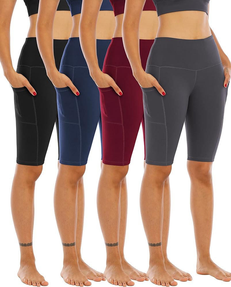 WHOUARE 4 Pack Biker Yoga Shorts with Pockets for Women,High Waisted Athletic Running Workout Gym Shorts Tummy Control