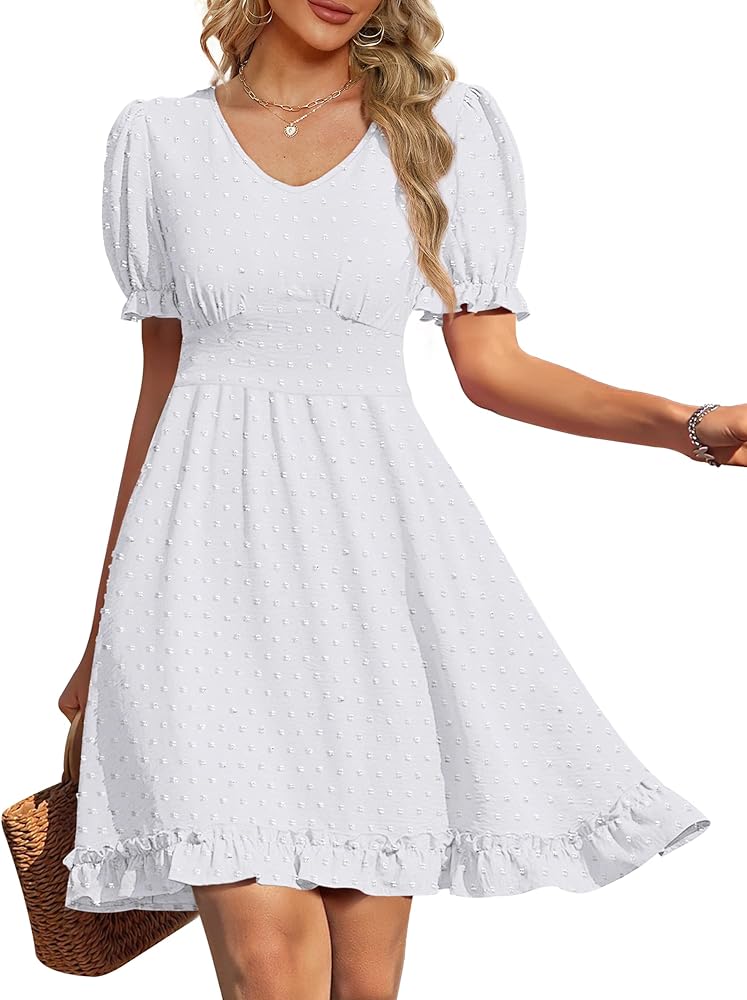 OFEEFAN Women Summer Dresses V Neck Short Sleeve Swiss Dot Mini Dress with Pockets