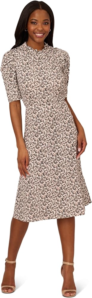 Adrianna Papell Women's Ruffle Neck Short Sleeve Dress