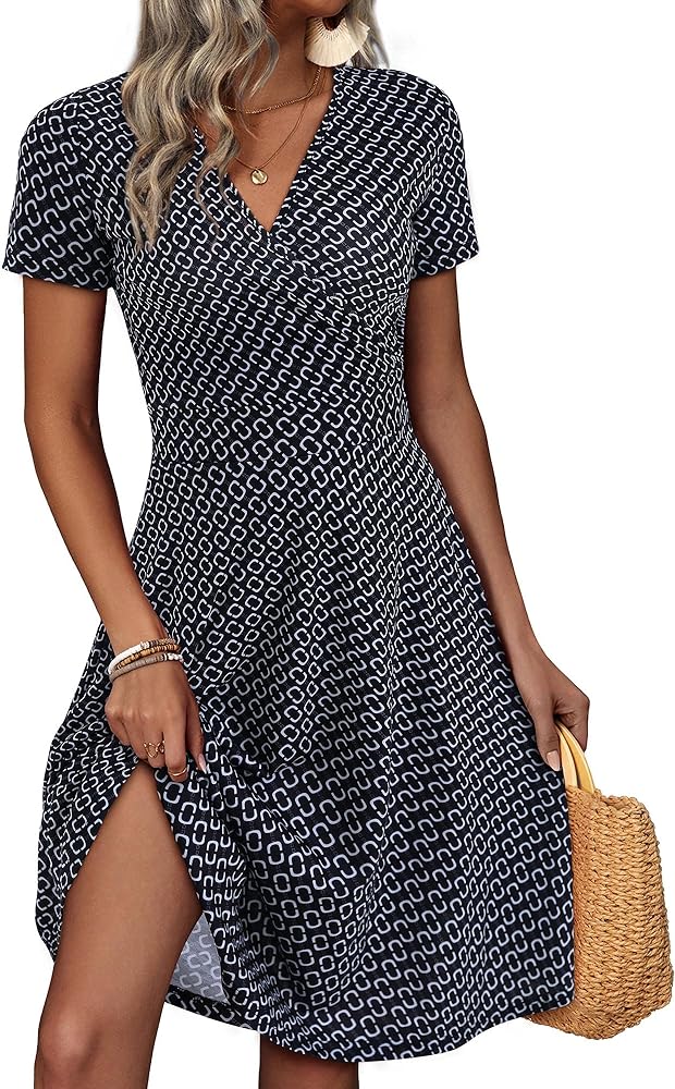 MSBASIC Summer Dresses for Women 2024 Short Sleeve V Neck Wrap Dress Casual Midi Sundresses