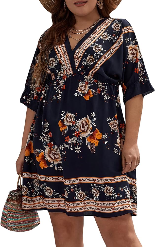 OYOANGLE Women's Plus Size Boho Floral Print High Waist V Neck Flared A Line Short Dress