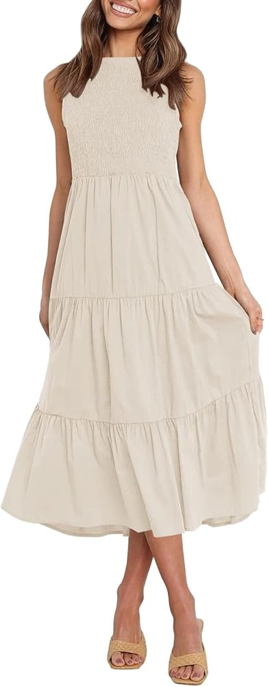 ZESICA Women's 2024 Summer Casual Sleeveless Crew Neck Smocked High Waist Flowy Tiered A Line Midi Dress