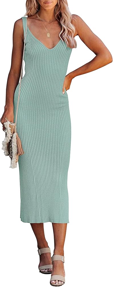 MEROKEETY Womens 2024 Summer V Neck Knit Midi Dress Bodycon Sleeveless Ribbed Sweater Dresses