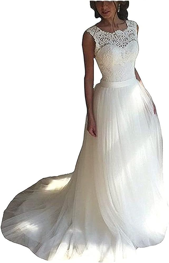 SOLOVEDRESS Women's Elegant Lace Wedding Dress A Line Tulle Beach Bridal Gowns Cap Sleeves with Train