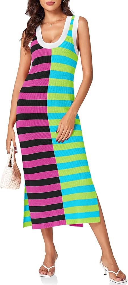 Wenrine Womens Summer Striped Dress Sleeveless Knitted Contrast Color Side Slit Casual Maxi Beach Dress