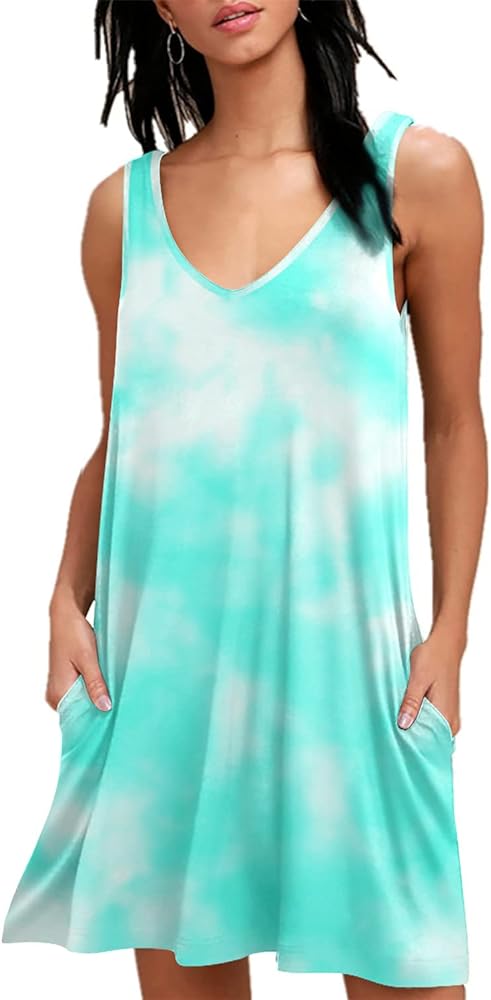 BISHUIGE Women Summer Casual V Neck T Shirt Dresses Beach Cover up Plain Tank Dress