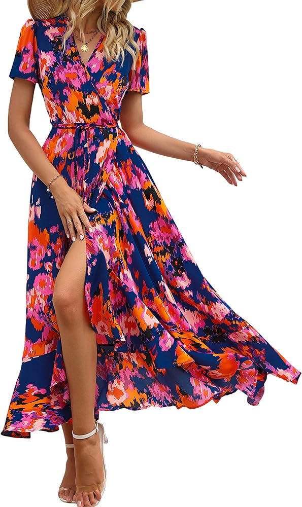 PRETTYGARDEN Women's Summer Wrap Maxi Dress Casual Boho Floral V Neck Short Sleeve Ruffle Hem Split Beach Long Dresses