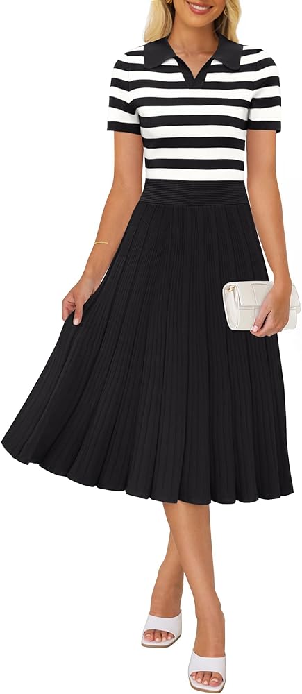 ZESICA Women's 2024 Striped Midi Dress Casual V Neck Short Sleeve Ribbed Knit Elastic High Waist Pleated Swing Dresses