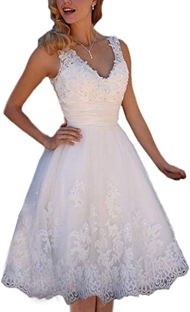 Short Lace Wedding Dresses Knee Length Travel Tulle Rhinestones V-Neck Lace Up Bride Gowns Vintage Dress