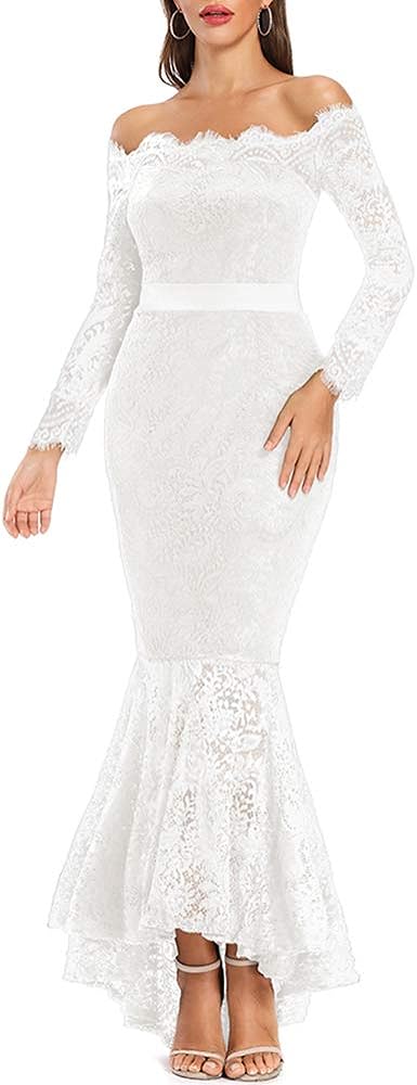 LALAGEN Women's Floral Lace Long Sleeve Off Shoulder Wedding Mermaid Dress