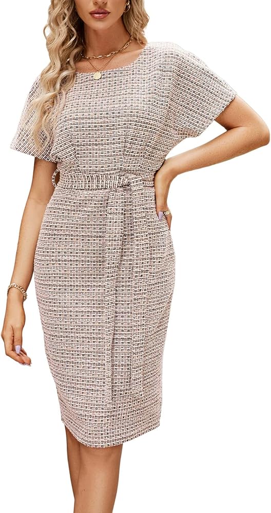 JASAMBAC Women's Tweed Pencil Dress Elegant Business Bodycon Short Sleeve Wear to Work Office Dress