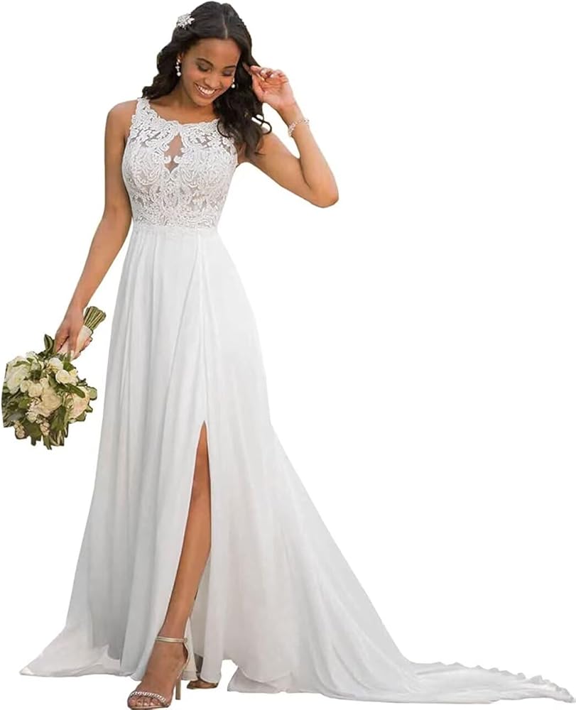 Women's Wedding Dresses for Bride Chiffon Slit Appliques Lace A-line Beach Bridal Gowns