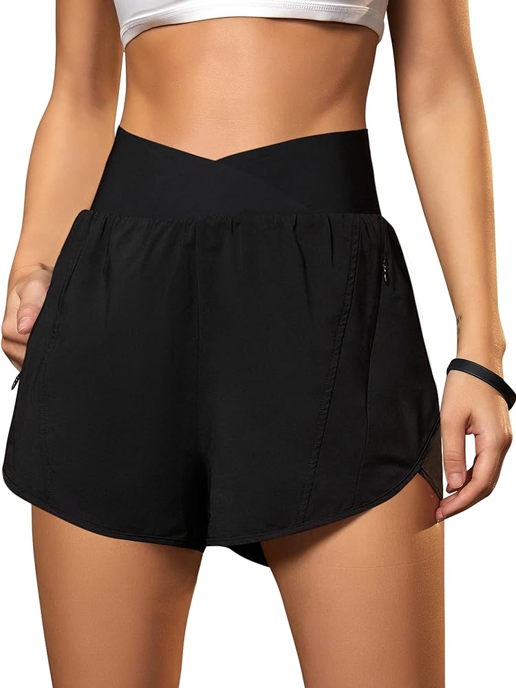 Blooming Jelly Women's Workout Shorts Athletic Running Shorts Crossover High Waisted Gym Shorts with Zipper Pockets 2.5"